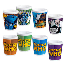 Load image into Gallery viewer, Doctor Who 4 pc. Ceramic Shot Glasses - Front and Back